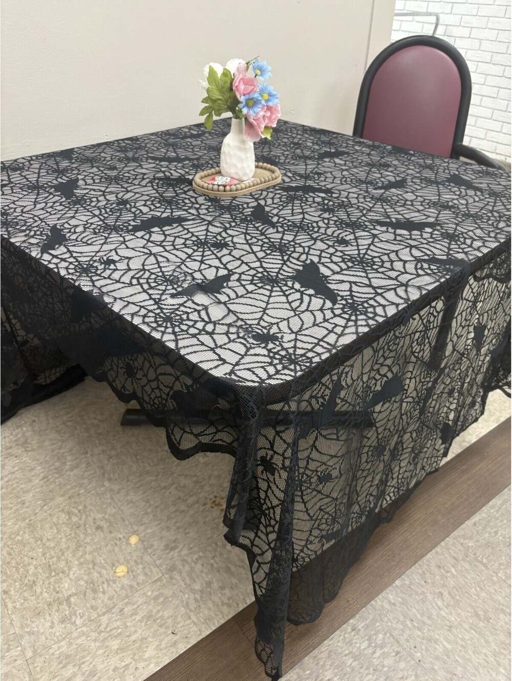Halloween Tablecloth Black Lace Bats Cobwebs Spiders Long 8 Ft. Rectangular